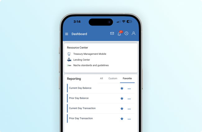 Information Reporting Widget in Treasury Management Mobile Experience
