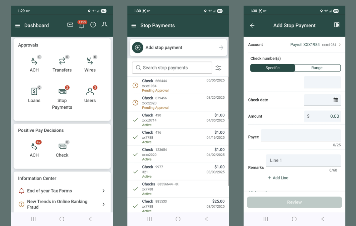 Stop Payments in Treasury Mobile Experience