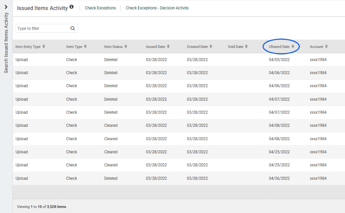 Treasury Management: Cleared Date for Issued Items Activity