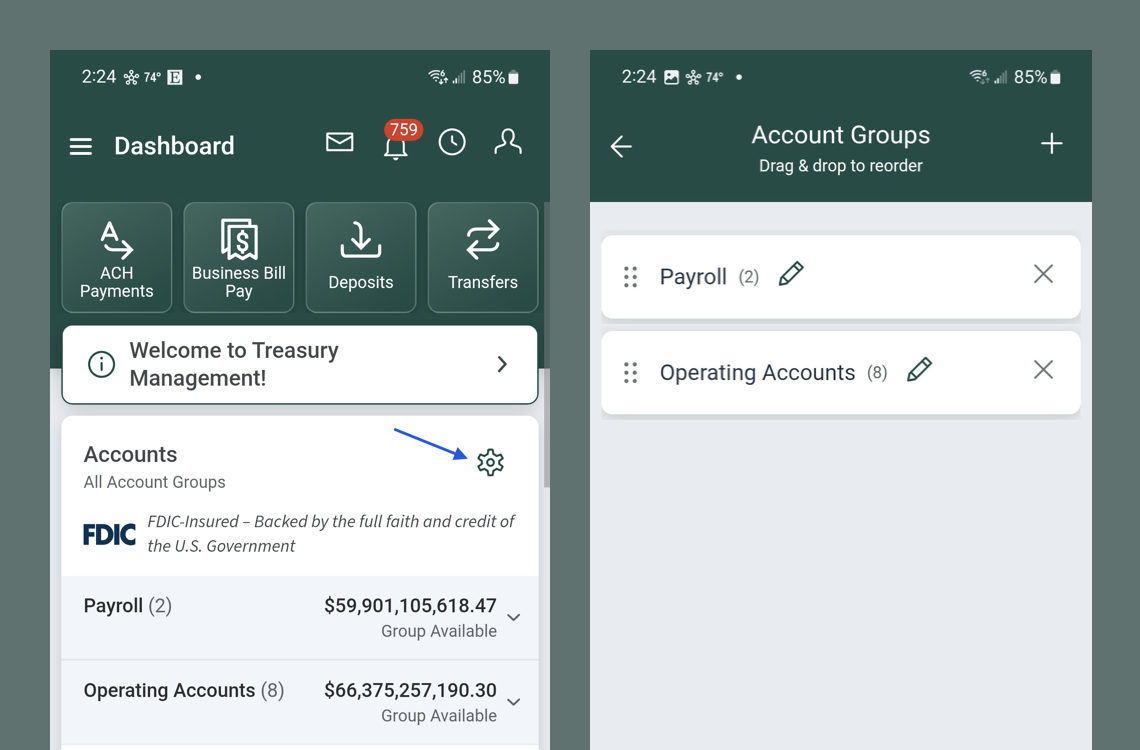 Manage Account Groups from the Treasury Management Mobile Experience