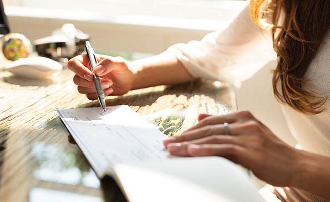 Person writing out a check.
